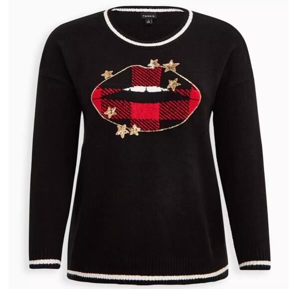 Torrid Black Pullover Crew Neck Sweater with Lips & Sequin Stars - Picture 4 of 11
